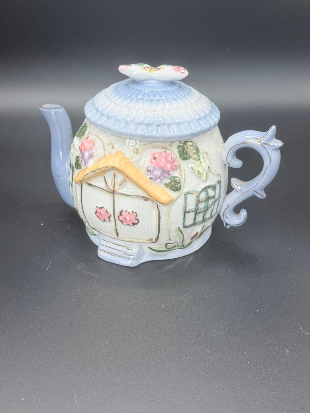 Vintage Cottage House Ceramic Teapot Blue Floral Raised Design 7 Inch
